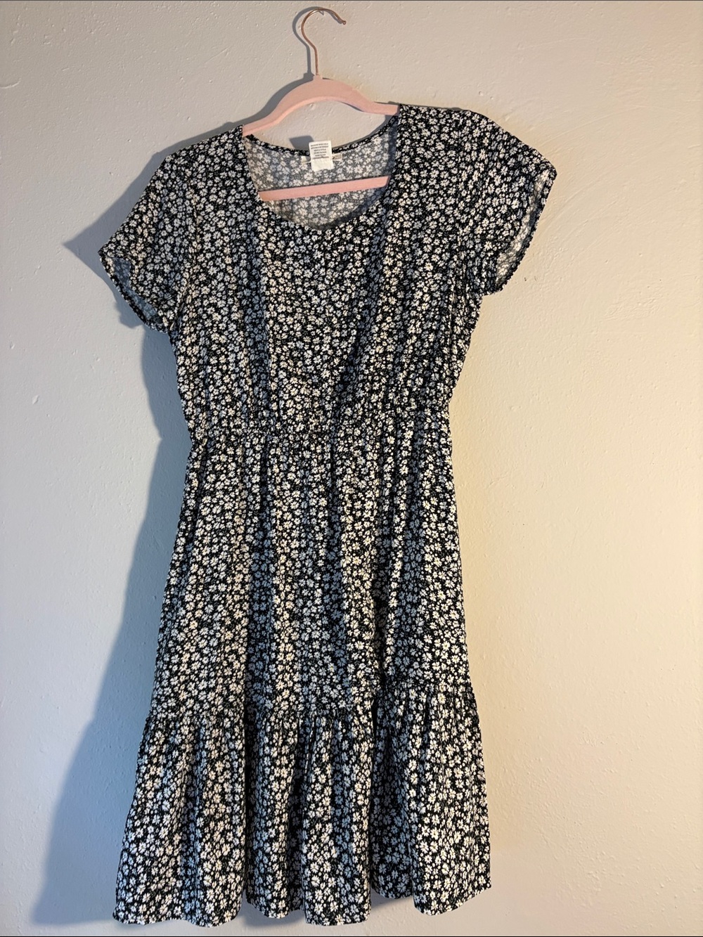 Black Floral Short Sleeve Tiered Dress